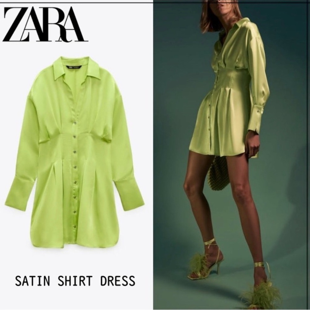 ZARA Neon Lime Satin Button-Front Mini Dress